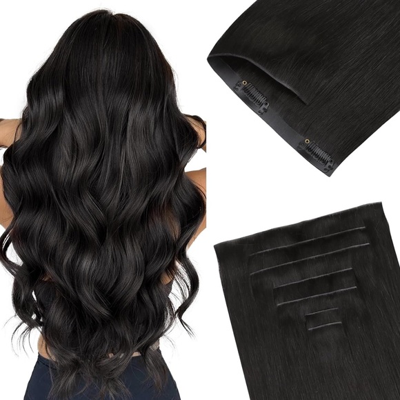 Goo Goo Natural Black Remy Human Hair Seamless 16 Inch Clip In Hair Extensions - Picture 1 of 13